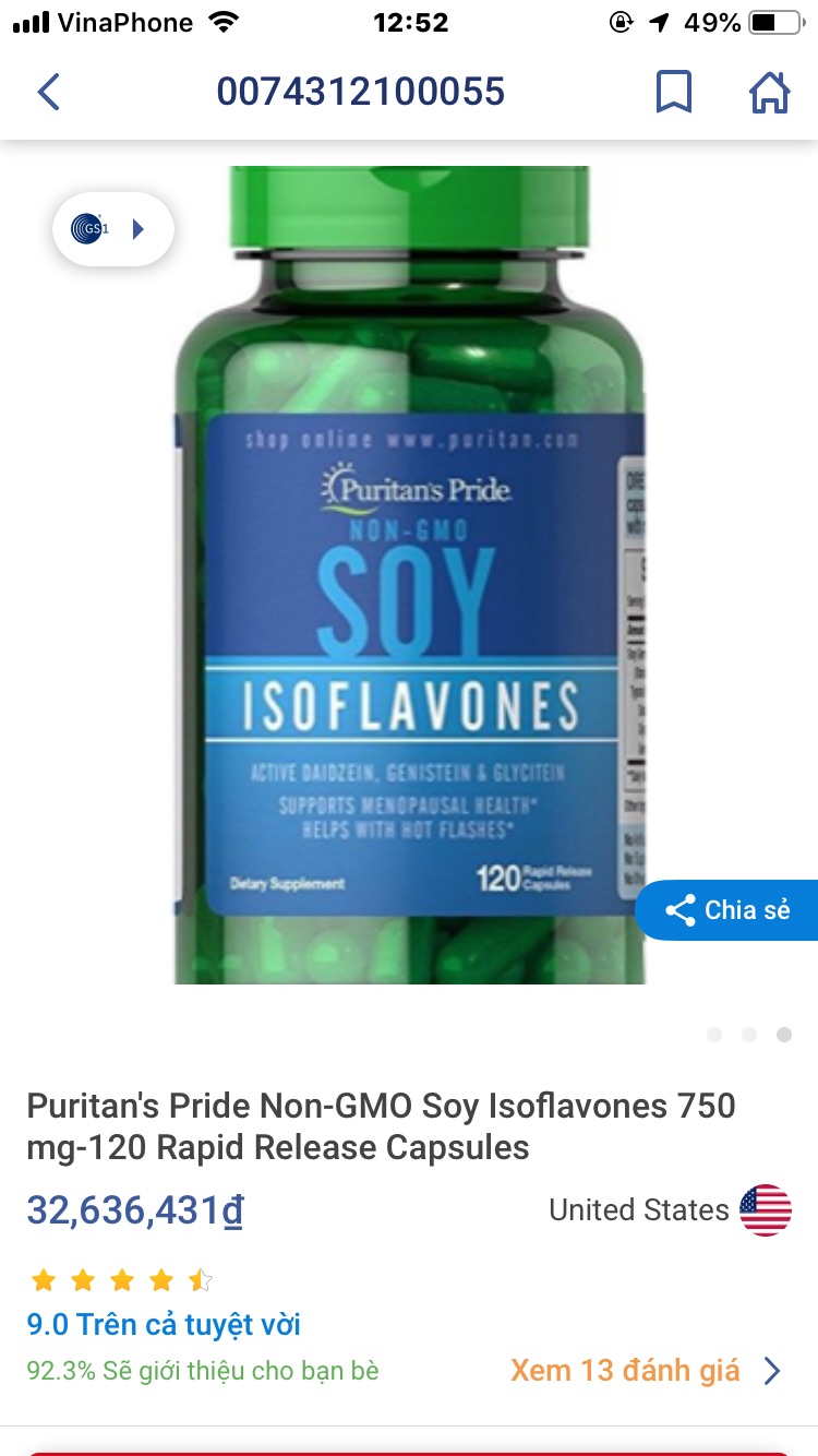 Viên uống Mầm Đậu Nành Non-GMO Soy Isoflavones Puritan's Pride 120 viên - Hỗ trợ làm đẹp da, cân bằng nội tiết cho phụ nữ.