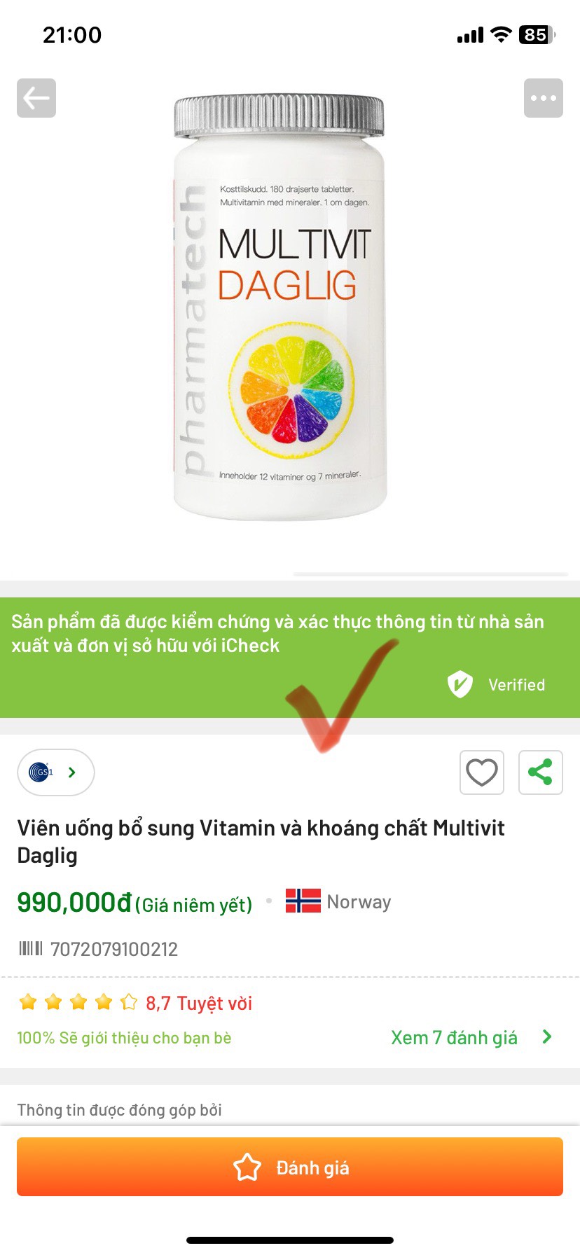 Viên uống bổ sung Vitamin và Khoáng chất MULTIVIT DAGLIG 180 viên-Nauy