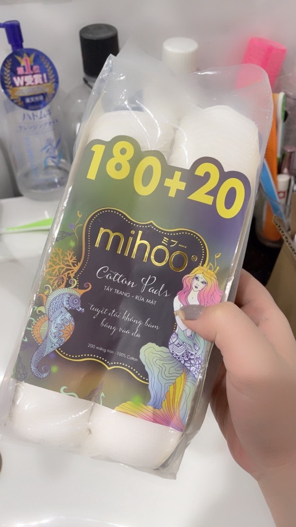 Bông Tẩy Trang Tròn Mihoo Mermaid Cotton Pads - 200 Miếng 100% Cotton Tự Nhiên, Dễ Dùng, Không Xơ, Dịu Nhẹ Cho Mọi Loại Da