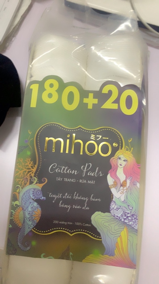 Bông Tẩy Trang Tròn Mihoo Mermaid Cotton Pads - 200 Miếng 100% Cotton Tự Nhiên, Dễ Dùng, Không Xơ, Dịu Nhẹ Cho Mọi Loại Da