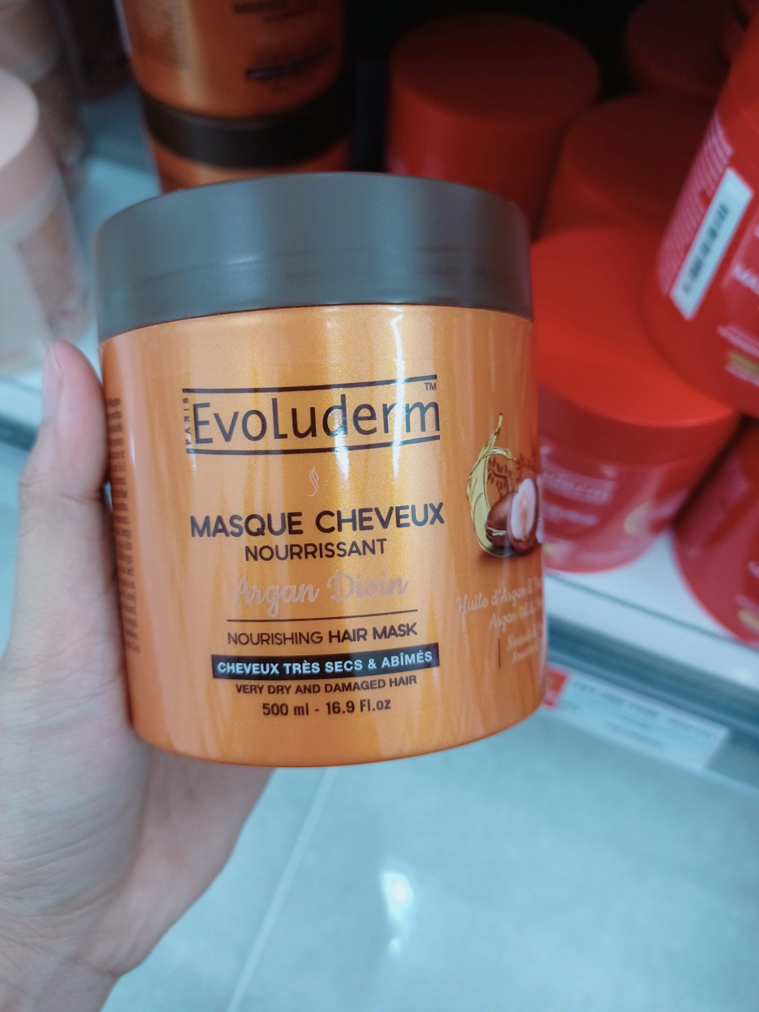 Kem ủ tóc Evoluderm Nourrissant Argan Div 500ml - Dưỡng ẩm và phục hồi tóc khô, hư tổn với chiết xuất Argan và Bơ hạt mỡ