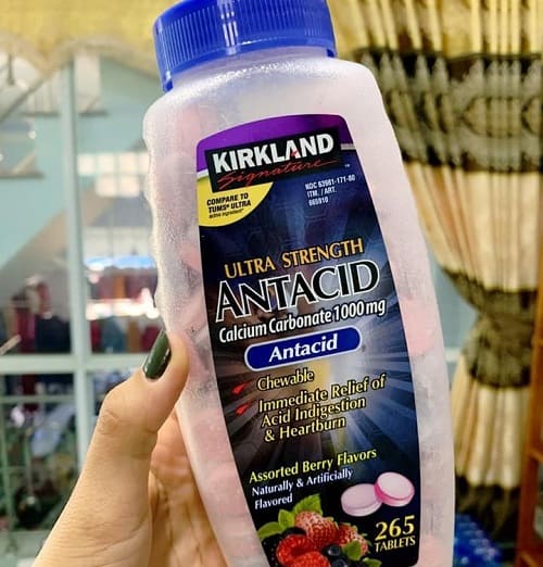 Viên nhai Kirkland Ultra Strength Antacid 1000mg - Hỗ trợ tiêu hóa, giảm đầy hơi, Calcium Carbonate, dễ sử dụng, lọ 265 viên