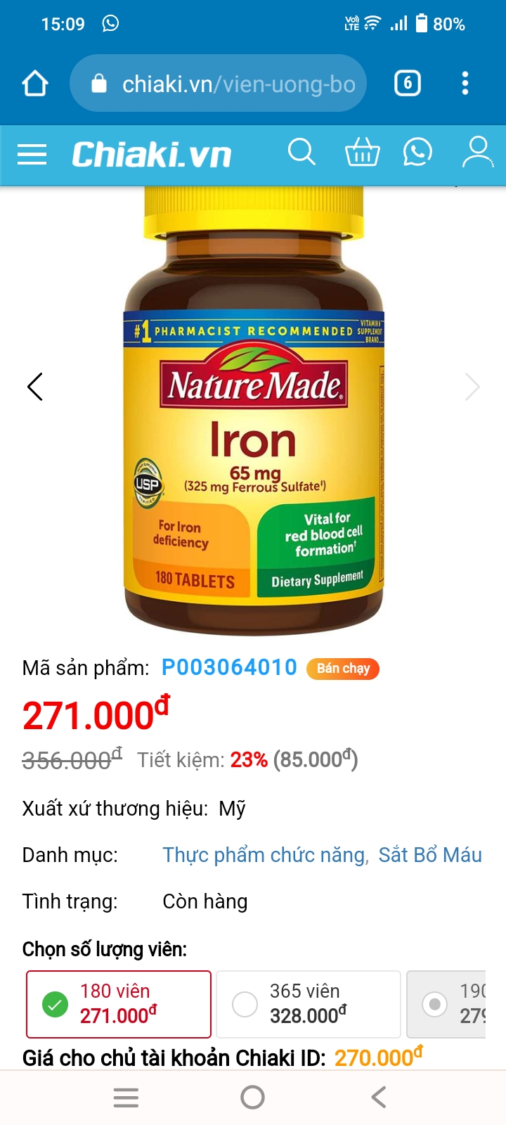 Viên uống bổ sung sắt Nature Made Iron 65mg - Hỗ trợ sức khỏe cho bà bầu, phòng ngừa thiếu máu, tăng cường miễn dịch, 365 viên