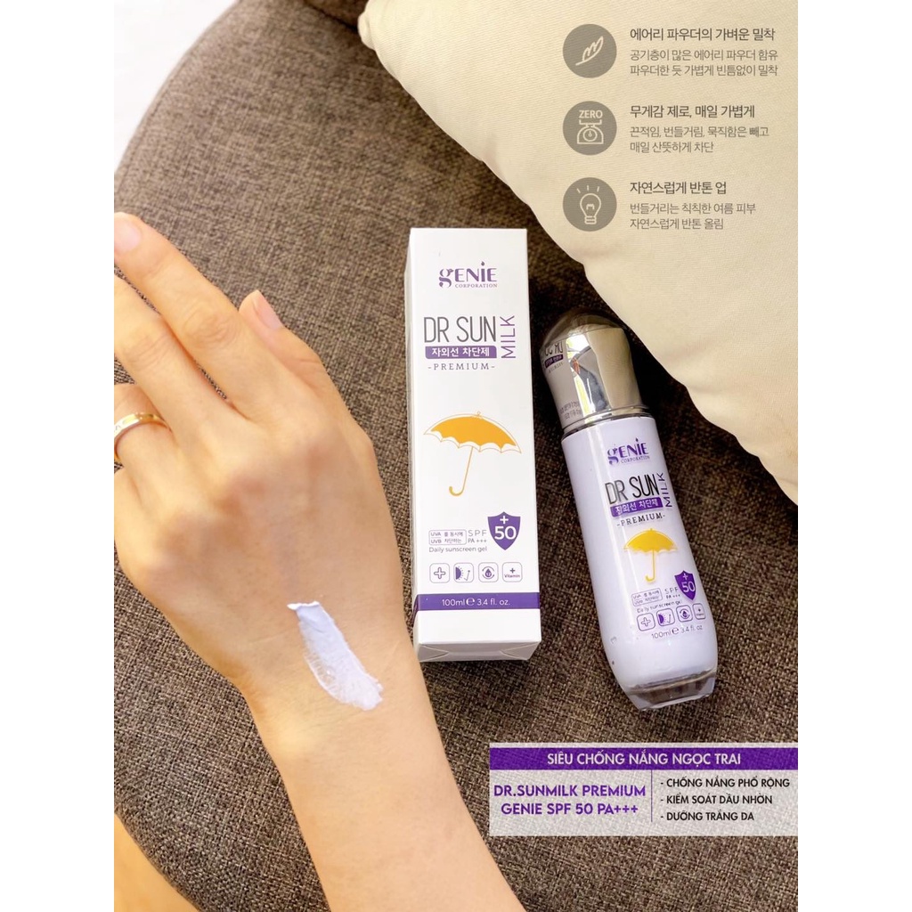 Kem Chống Nắng Vật Lý Genie Dr Sun Milk UV Premium SPF 50 PA+++ - Bảo Vệ Da Tối Ưu, Dạng Sữa Thẩm Thấu Nhanh 100ml