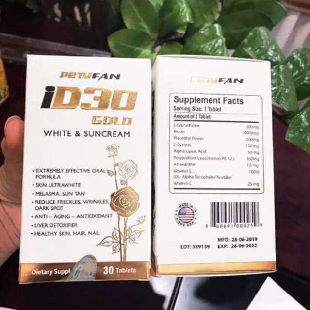 Viên Uống Chống Nắng Trắng Da ID30 Gold White & Suncream Hộp 30 Viên - Chăm Sóc Da Sáng Hồng, Giảm Sạm Nám, Tia UV
