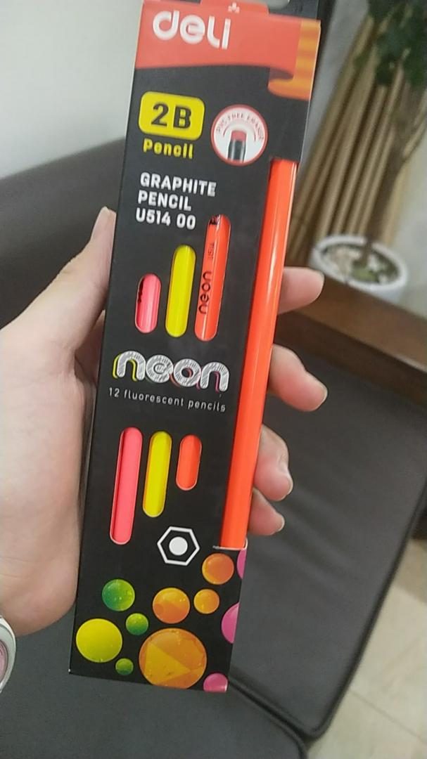Hộp 12 Bút Chì 2B Neon Deli Đa Màu Kèm Đầu Tẩy - Chất Liệu Gỗ, Thiết Kế Tiện Dụng, Bút Viết Mượt Mà, Nét Rõ Ràng
