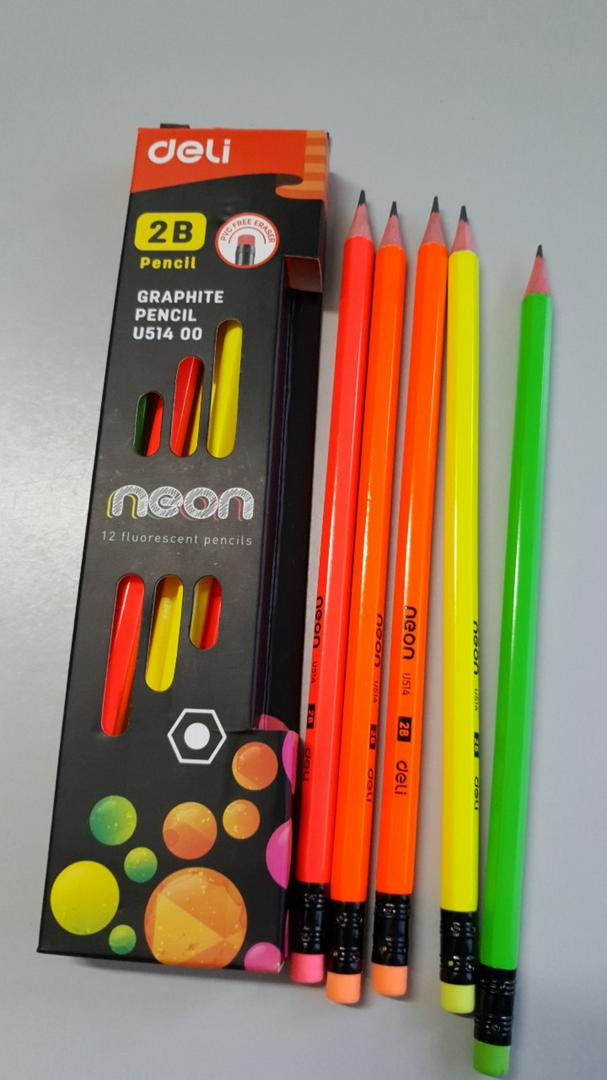 Hộp 12 Bút Chì 2B Neon Deli Đa Màu Kèm Đầu Tẩy - Chất Liệu Gỗ, Thiết Kế Tiện Dụng, Bút Viết Mượt Mà, Nét Rõ Ràng