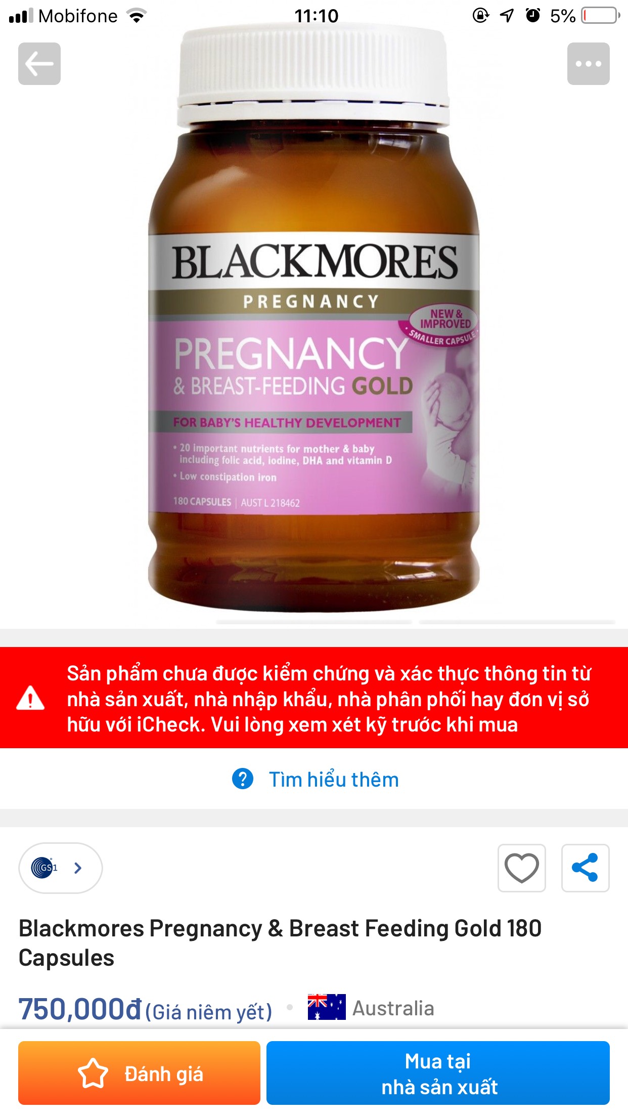 Vitamin cho bà bầu Blackmores Pregnancy Gold 180 viên - Bổ sung 20 chất dinh dưỡng thiết yếu, hỗ trợ thai kỳ khỏe mạnh, chứa DHA và Axit Folic