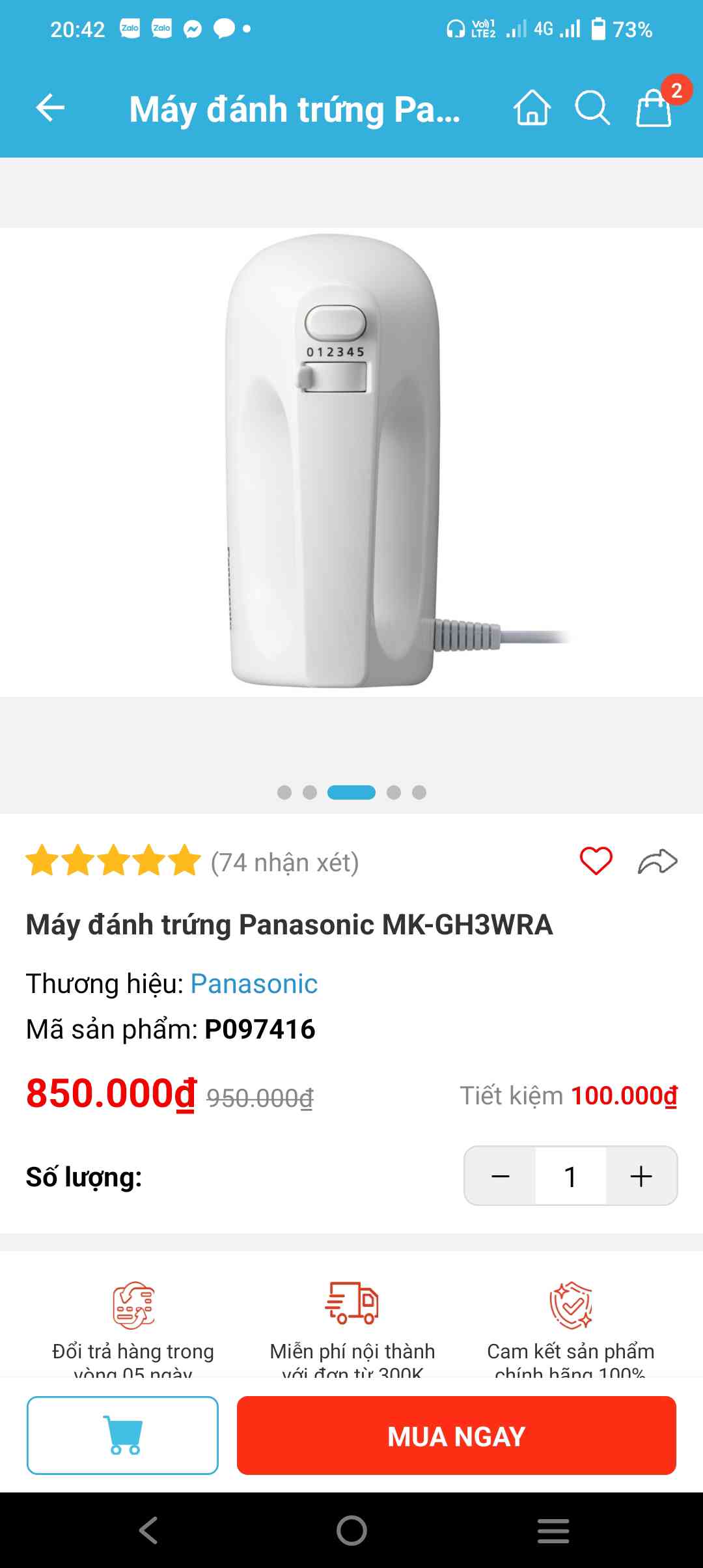 Máy Đánh Trứng Panasonic MK-GH3WRA - Thiết Kế Gọn Đẹp, 5 Tốc Độ, Công Suất 175W, Bền Bỉ, Thích Hợp Mọi Không Gian Bếp