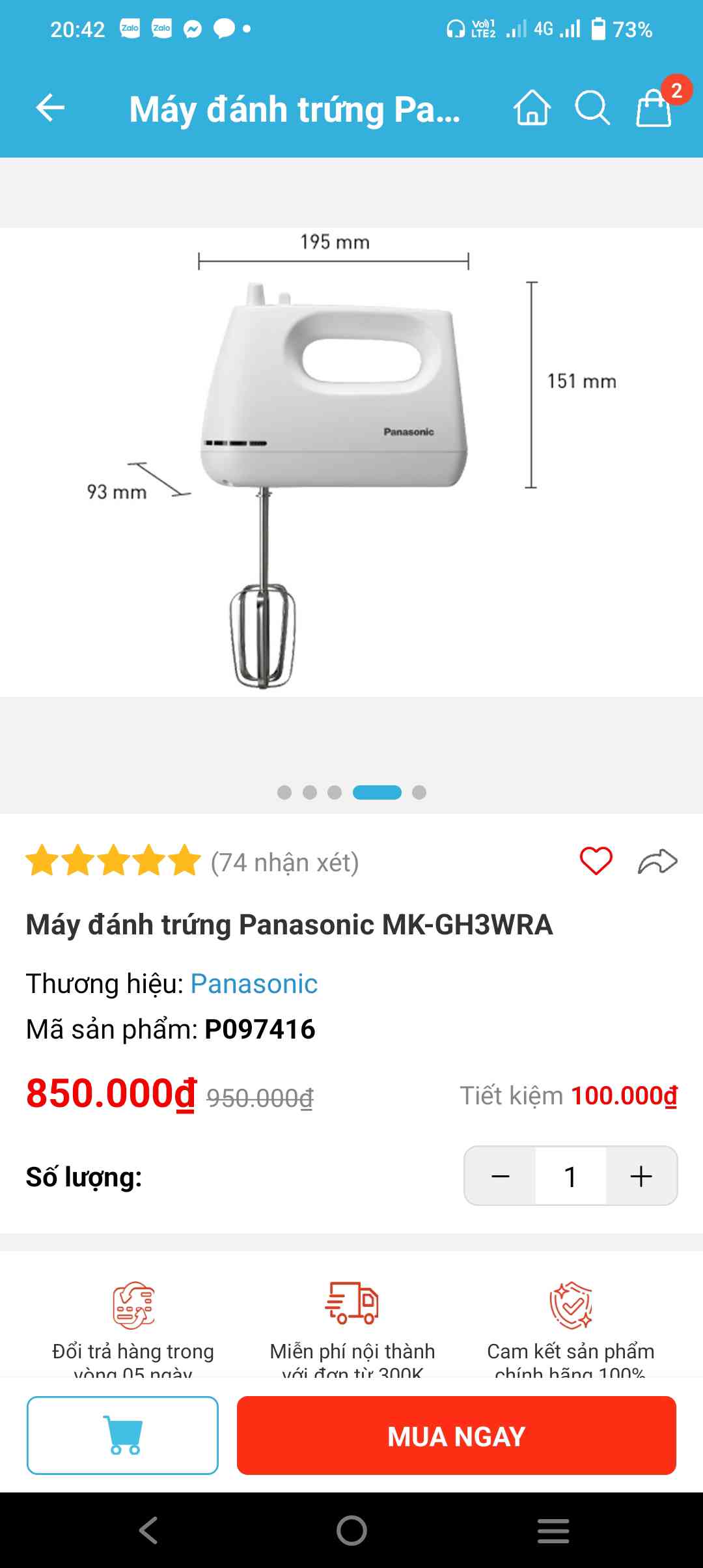 Máy Đánh Trứng Panasonic MK-GH3WRA - Thiết Kế Gọn Đẹp, 5 Tốc Độ, Công Suất 175W, Bền Bỉ, Thích Hợp Mọi Không Gian Bếp