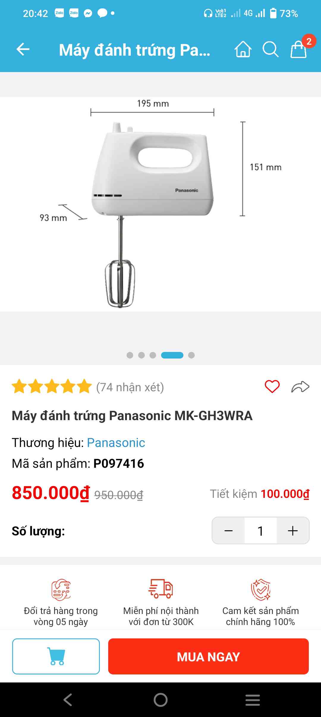Máy Đánh Trứng Panasonic MK-GH3WRA - Thiết Kế Gọn Đẹp, 5 Tốc Độ, Công Suất 175W, Bền Bỉ, Thích Hợp Mọi Không Gian Bếp