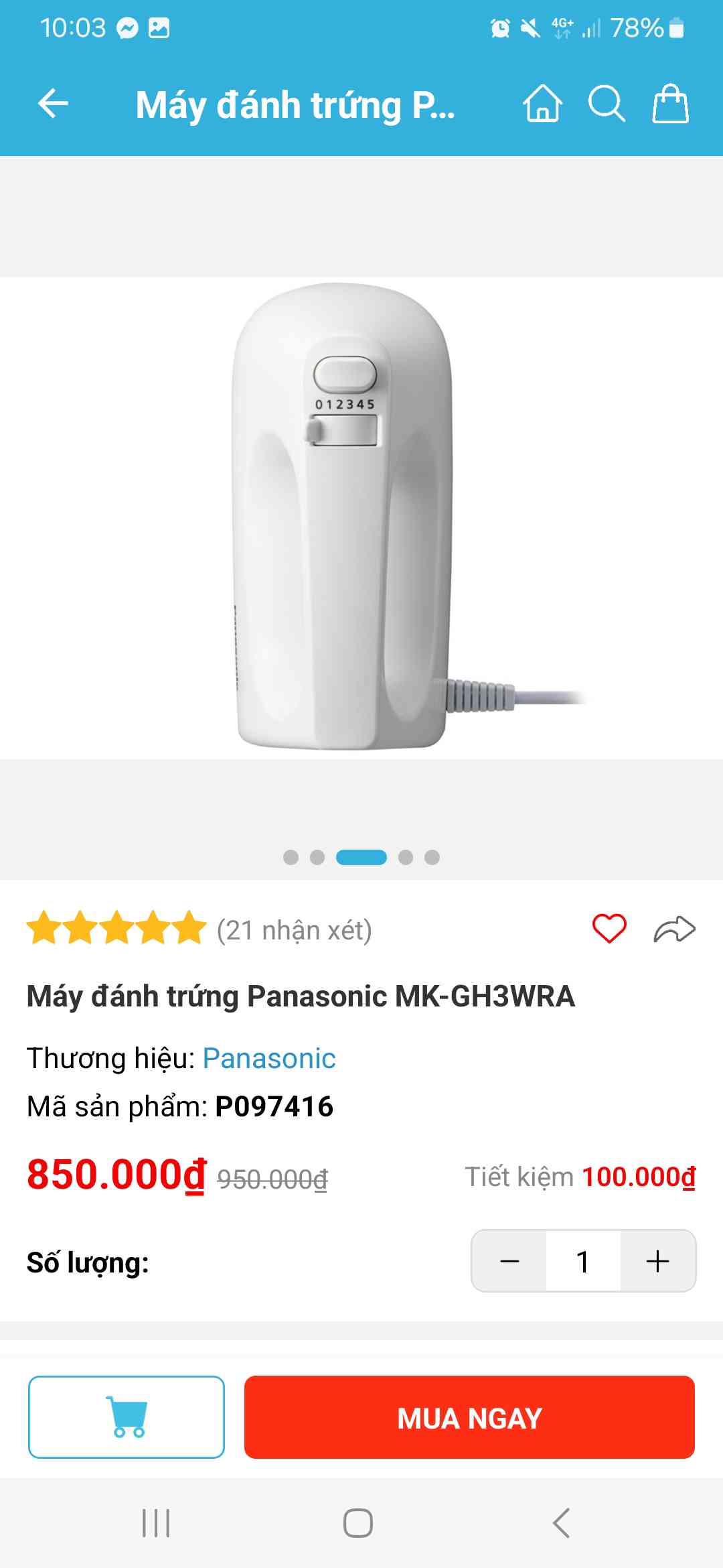 Máy Đánh Trứng Panasonic MK-GH3WRA - Thiết Kế Gọn Đẹp, 5 Tốc Độ, Công Suất 175W, Bền Bỉ, Thích Hợp Mọi Không Gian Bếp