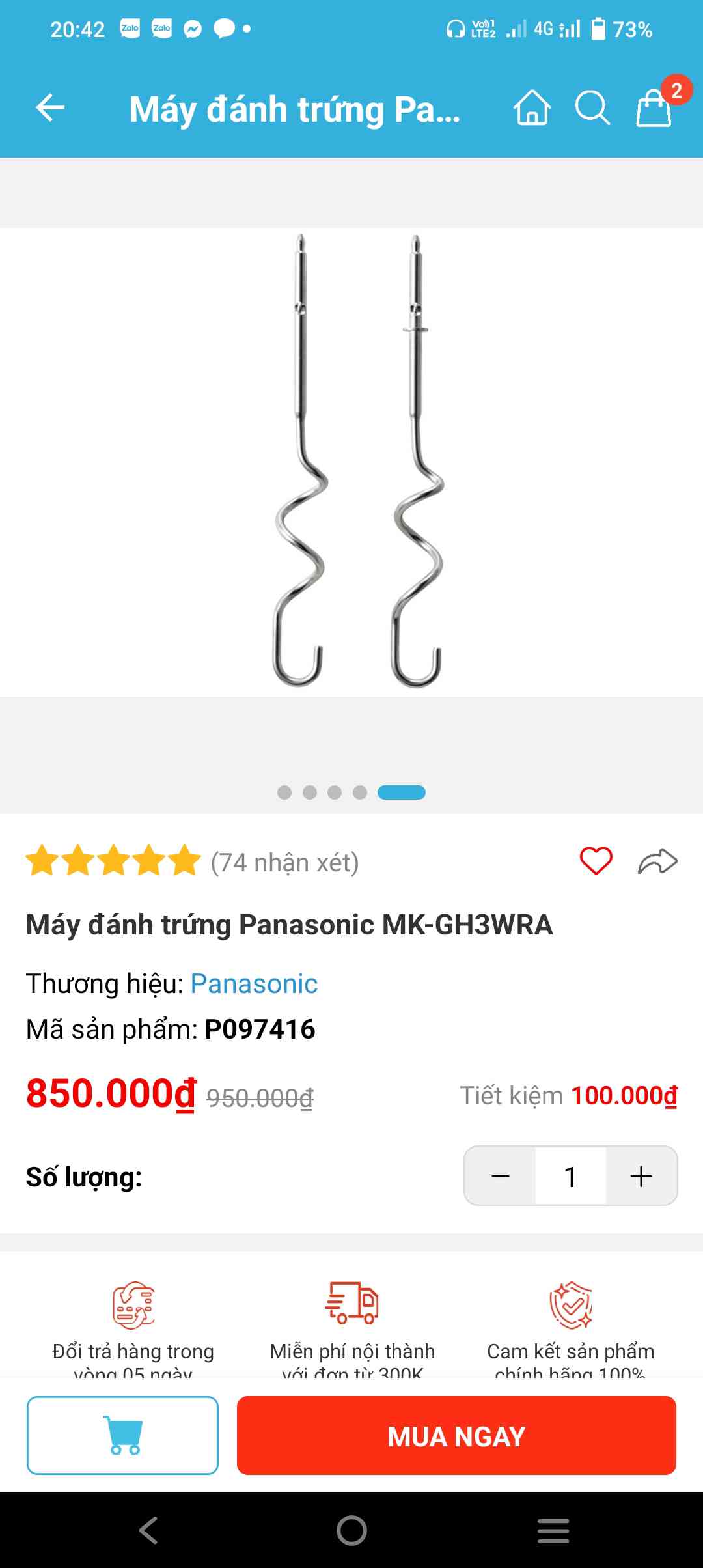Máy Đánh Trứng Panasonic MK-GH3WRA - Thiết Kế Gọn Đẹp, 5 Tốc Độ, Công Suất 175W, Bền Bỉ, Thích Hợp Mọi Không Gian Bếp