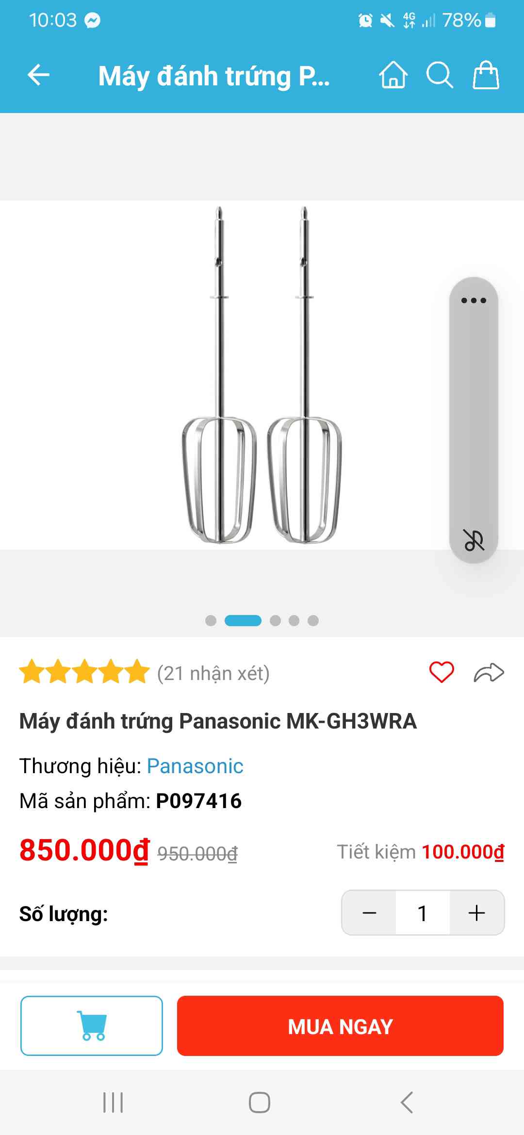 Máy Đánh Trứng Panasonic MK-GH3WRA - Thiết Kế Gọn Đẹp, 5 Tốc Độ, Công Suất 175W, Bền Bỉ, Thích Hợp Mọi Không Gian Bếp