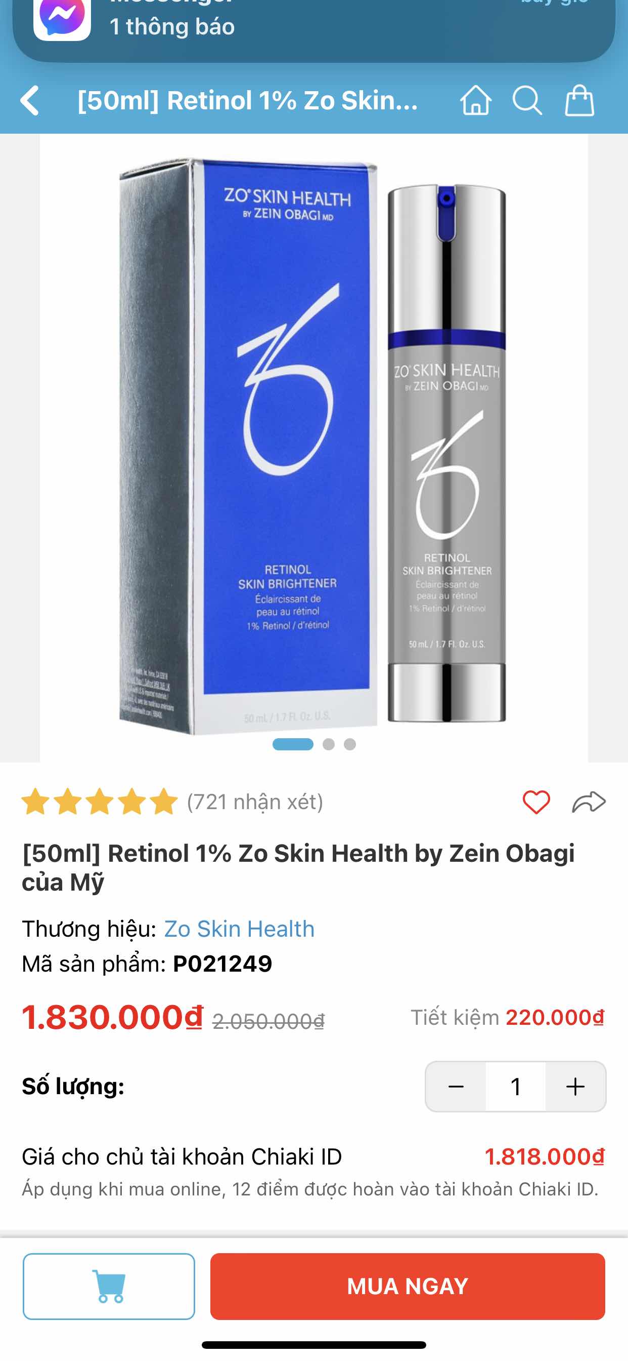 Kem Dưỡng Da Retinol 1% Zo Skin Health by Zein Obagi 50ml - Làm Sáng Da, Ngăn Ngừa Lão Hóa, Dưỡng Ẩm Cho Da Tươi Trẻ