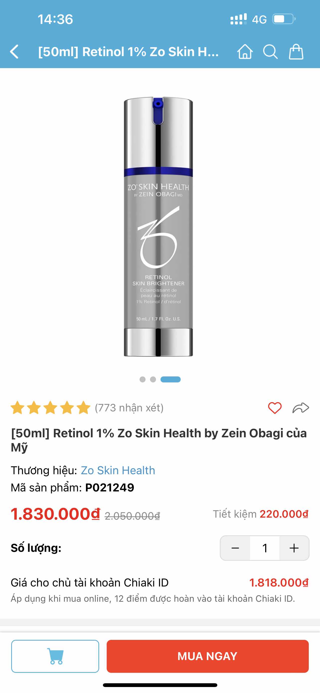 Kem Dưỡng Da Retinol 1% Zo Skin Health by Zein Obagi 50ml - Làm Sáng Da, Ngăn Ngừa Lão Hóa, Dưỡng Ẩm Cho Da Tươi Trẻ