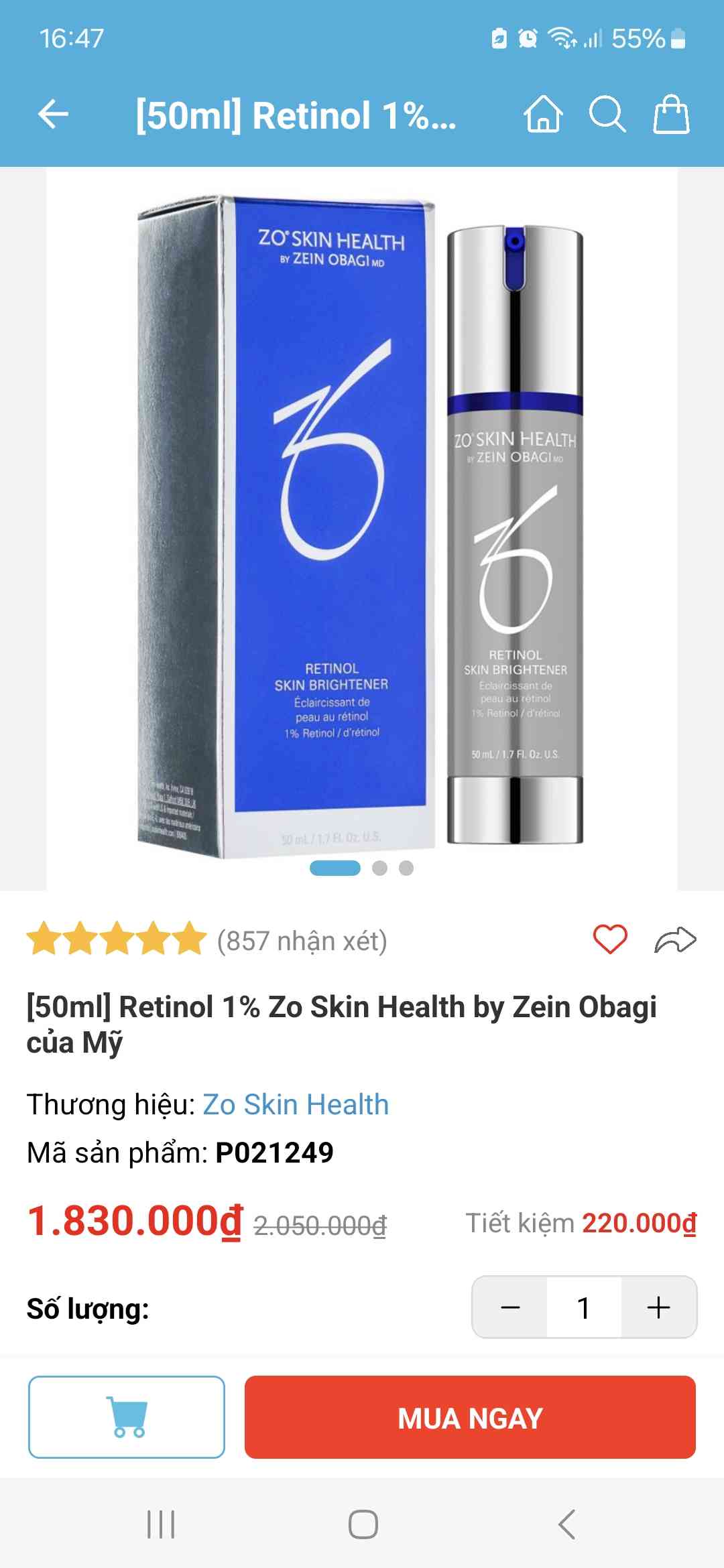 Kem Dưỡng Da Retinol 1% Zo Skin Health by Zein Obagi 50ml - Làm Sáng Da, Ngăn Ngừa Lão Hóa, Dưỡng Ẩm Cho Da Tươi Trẻ