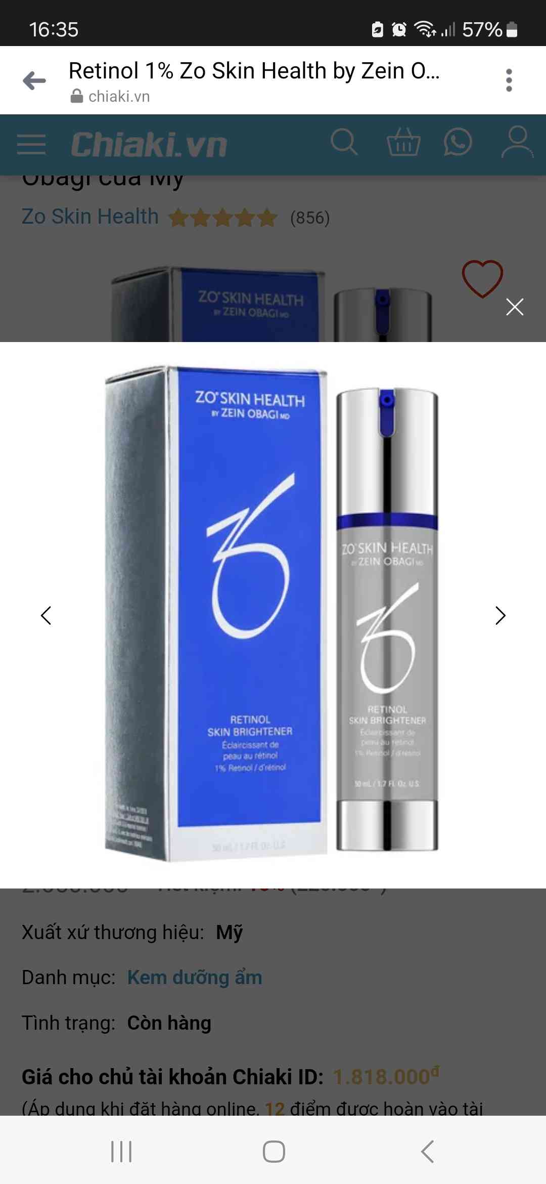 Kem Dưỡng Da Retinol 1% Zo Skin Health by Zein Obagi 50ml - Làm Sáng Da, Ngăn Ngừa Lão Hóa, Dưỡng Ẩm Cho Da Tươi Trẻ