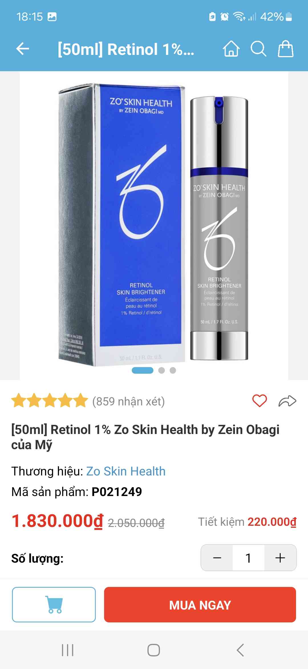 Kem Dưỡng Da Retinol 1% Zo Skin Health by Zein Obagi 50ml - Làm Sáng Da, Ngăn Ngừa Lão Hóa, Dưỡng Ẩm Cho Da Tươi Trẻ