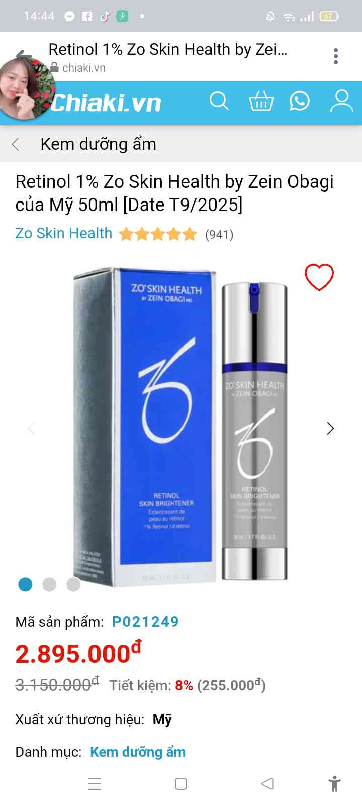 Kem Dưỡng Da Retinol 1% Zo Skin Health by Zein Obagi 50ml - Làm Sáng Da, Ngăn Ngừa Lão Hóa, Dưỡng Ẩm Cho Da Tươi Trẻ