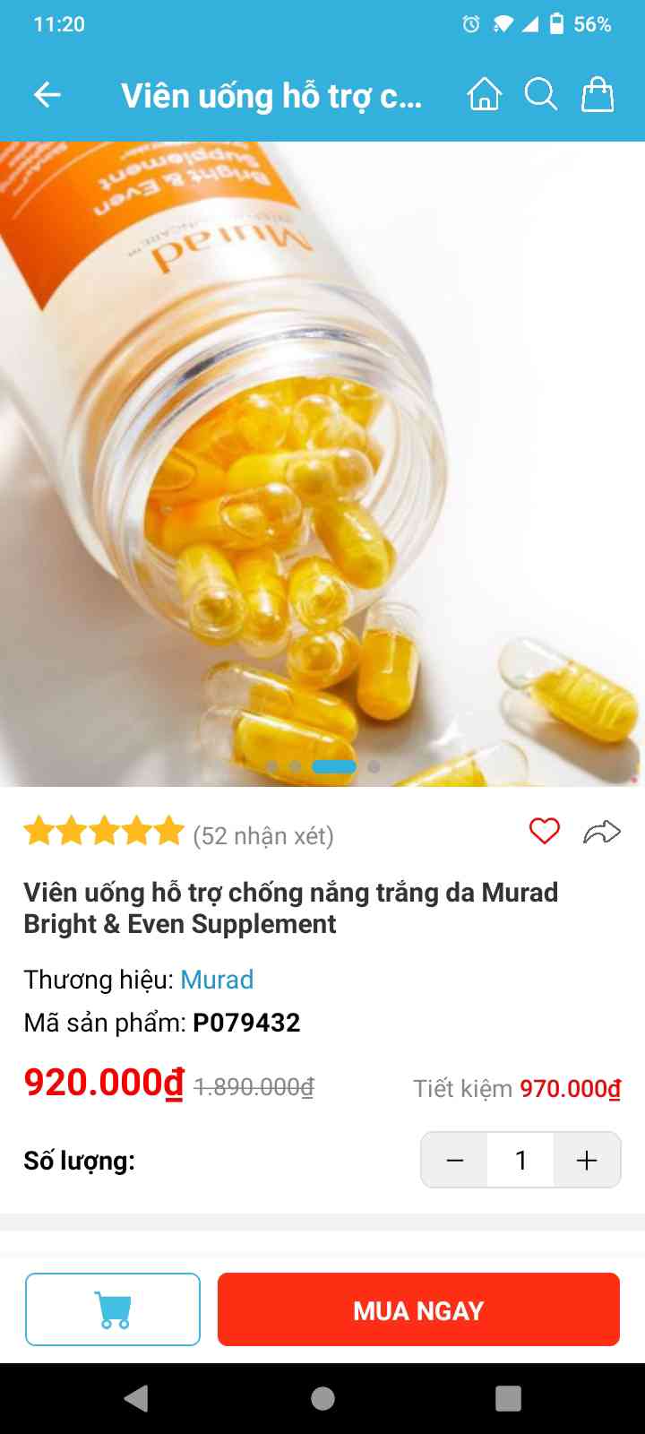 Viên uống chống nắng trắng da Murad Bright & Even Supplement - Chiết xuất lựu, bảo vệ da khỏi tia UV, làm sáng và trẻ hóa da 60 viên