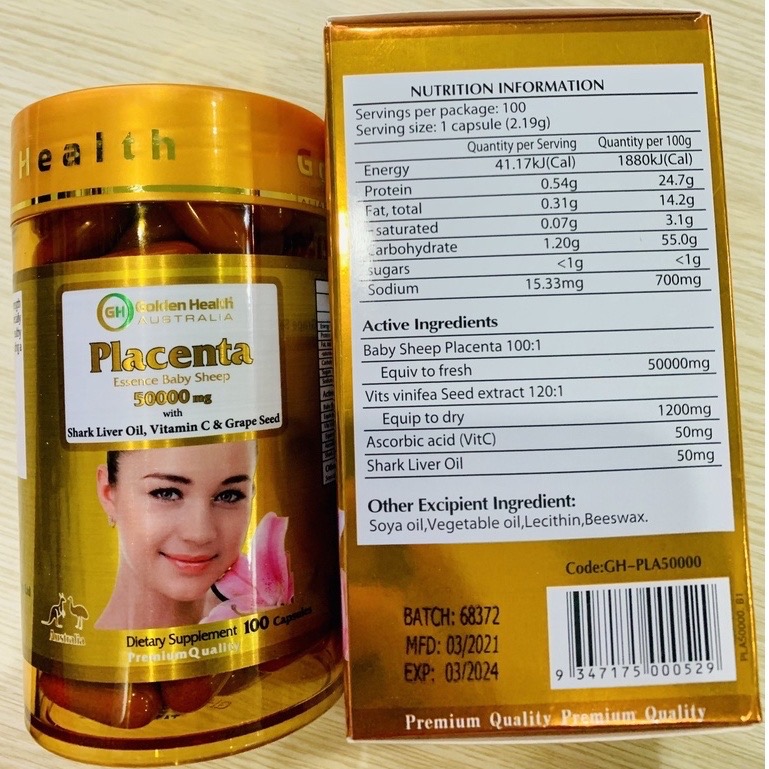 Viên Uống Nhau Thai Cừu Golden Health Placenta 50000mg - Hỗ Trợ Làm Đẹp Da, Uống 1 Viên Ngày, Hộp 100 Viên Nhập Khẩu Từ Úc