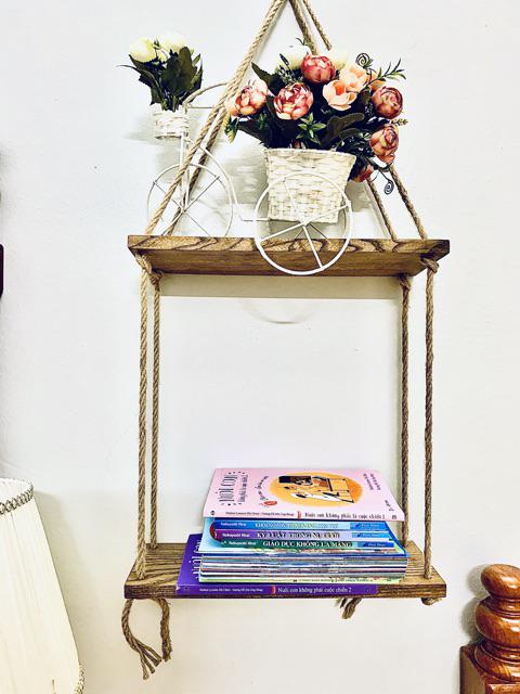 Kệ Gỗ Treo Tường Bắc Âu - Kệ Trang Trí Phòng Khách Độc Đáo Tiết Kiệm Không Gian, 40x13cm, Dây Treo Chắc Chắn
