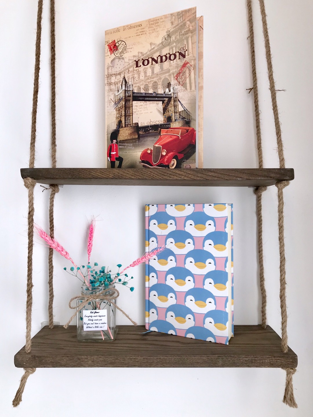 Kệ Gỗ Treo Tường Bắc Âu - Kệ Trang Trí Phòng Khách Độc Đáo Tiết Kiệm Không Gian, 40x13cm, Dây Treo Chắc Chắn