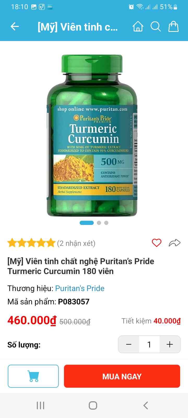 Viên tinh chất nghệ Puritans Pride Turmeric Curcumin 180 viên Mỹ