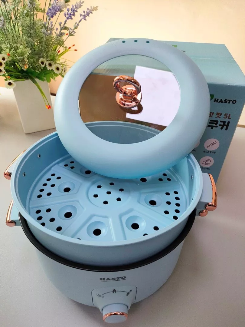 Nồi lẩu điện đa năng Hasto Hàn Quốc 6 chức năng 5L, kèm xửng hấp - Nấu lẩu, hấp, xào, hầm dễ dàng, tiện lợi cho gian bếp.