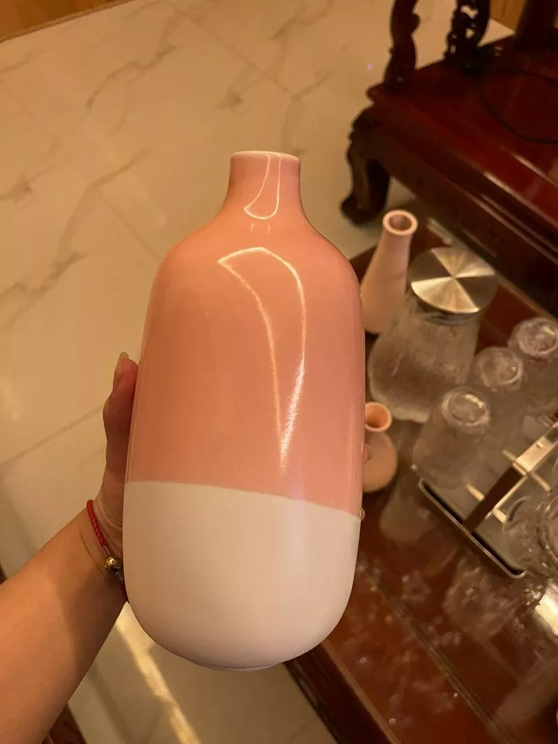 Bình gốm sứ cắm hoa Bát Tràng miệng nhỏ - Chất liệu cao cấp, phong cách Châu Âu, màu sắc hồng trắng trang trí nhà cửa tươi mới