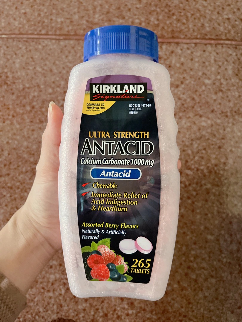 Viên nhai Kirkland Ultra Strength Antacid 1000mg - Hỗ trợ tiêu hóa, giảm đầy hơi, Calcium Carbonate, dễ sử dụng, lọ 265 viên