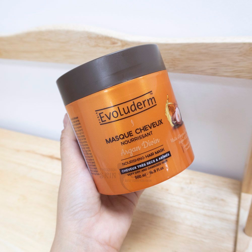 Kem ủ tóc Evoluderm Nourrissant Argan Div 500ml - Dưỡng ẩm và phục hồi tóc khô, hư tổn với chiết xuất Argan và Bơ hạt mỡ