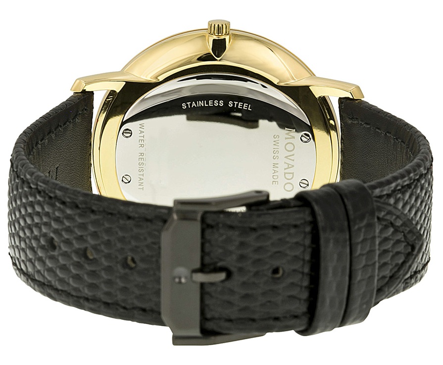 Chiếc đồng hồ Movado Thụy Sỹ này sử dụng dây da chính hãng màu đen, vân nhỏ có phần cổ điển