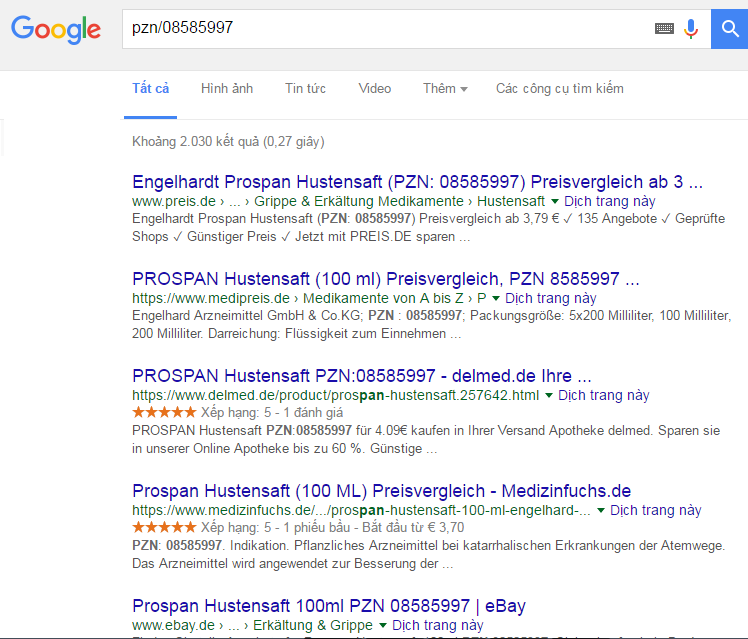Cách check thuốc ho Prospan của Đức chính hãng bằng google.com