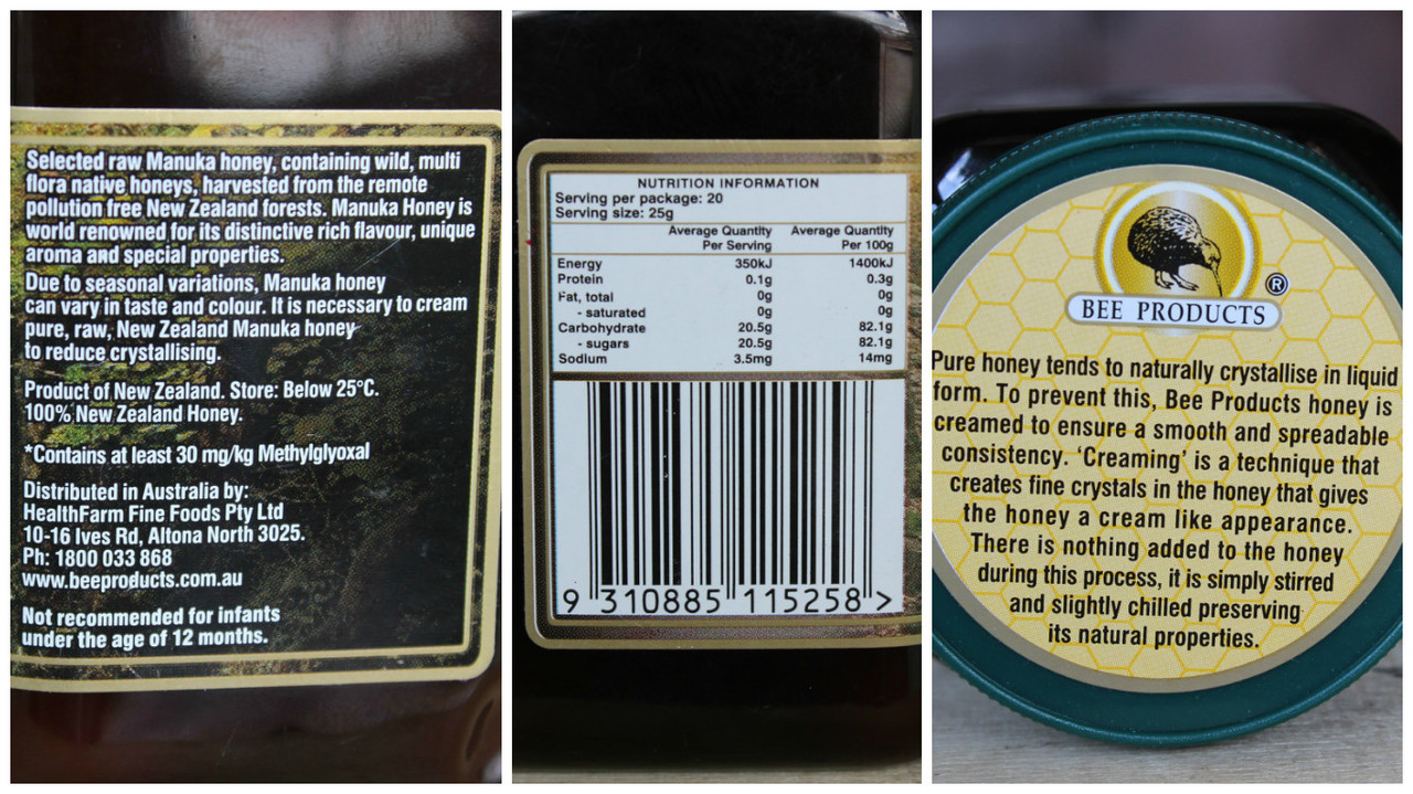 Nhãn sản phẩm Mật ong Manuka Úc 30+mg nguyên chất 500g