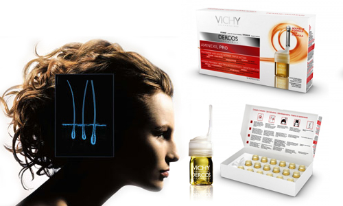 Tinh chất dưỡng tóc Vichy chứa thành phần Aminexil giúp tăng cường cấu trúc sợi tóc, củng cố các sợi colatrong da đầu 