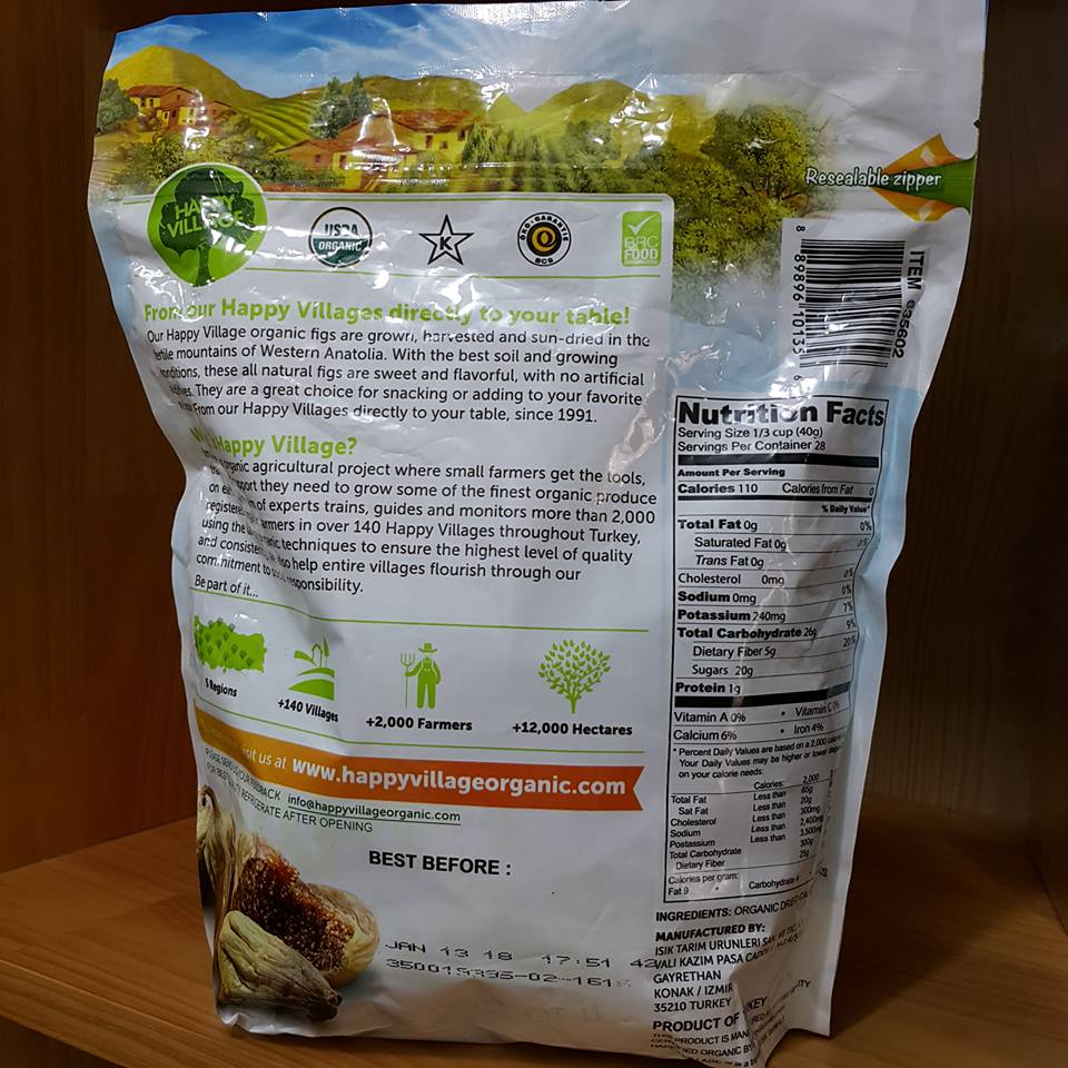 Nhãn sản phẩm Sung sấy khô hữu cơ Happy Village 1.13kg của Mỹ