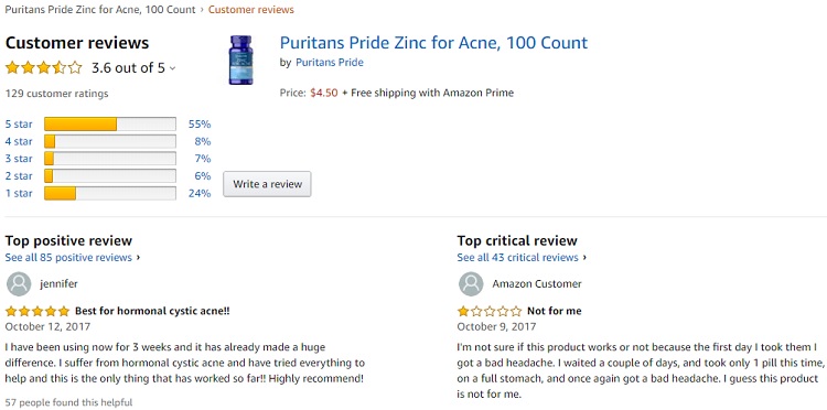 Phản hồi từ phía khách hàng sử dụng viên kẽm Zinc for Acne Puritan’s Pride 4