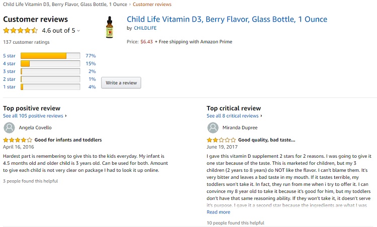 Phản hồi của khách hàng sử dụng ChildLife Vitamin D3