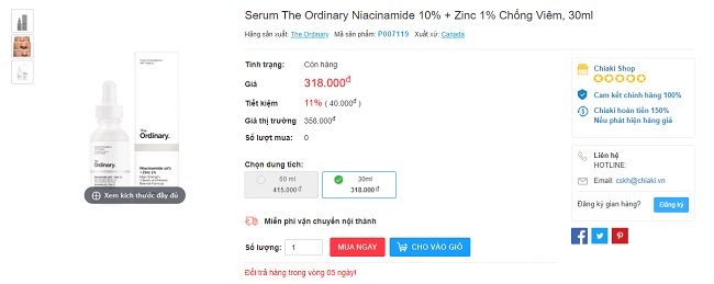 Mua serum The Ordinary Niacinamide 10% + Zinc 1% ở đâu