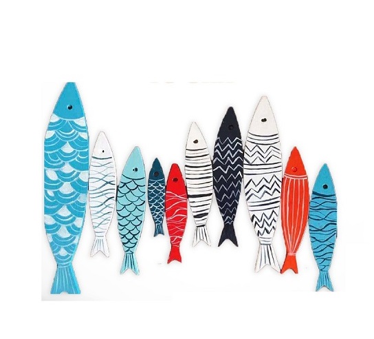 Set 10 cá gỗ màu sắc trang trí tường thiết kế phong cách vintage