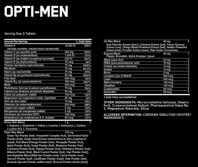 Bảng thành phần Optimum Nutrition Opti-Men