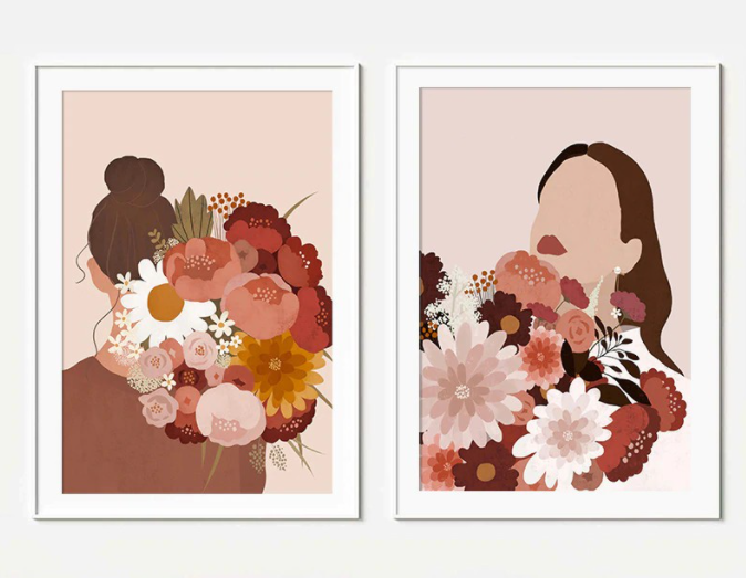 Bộ 2 tranh treo tường hình cô gái ôm hoa nghệ thuật 