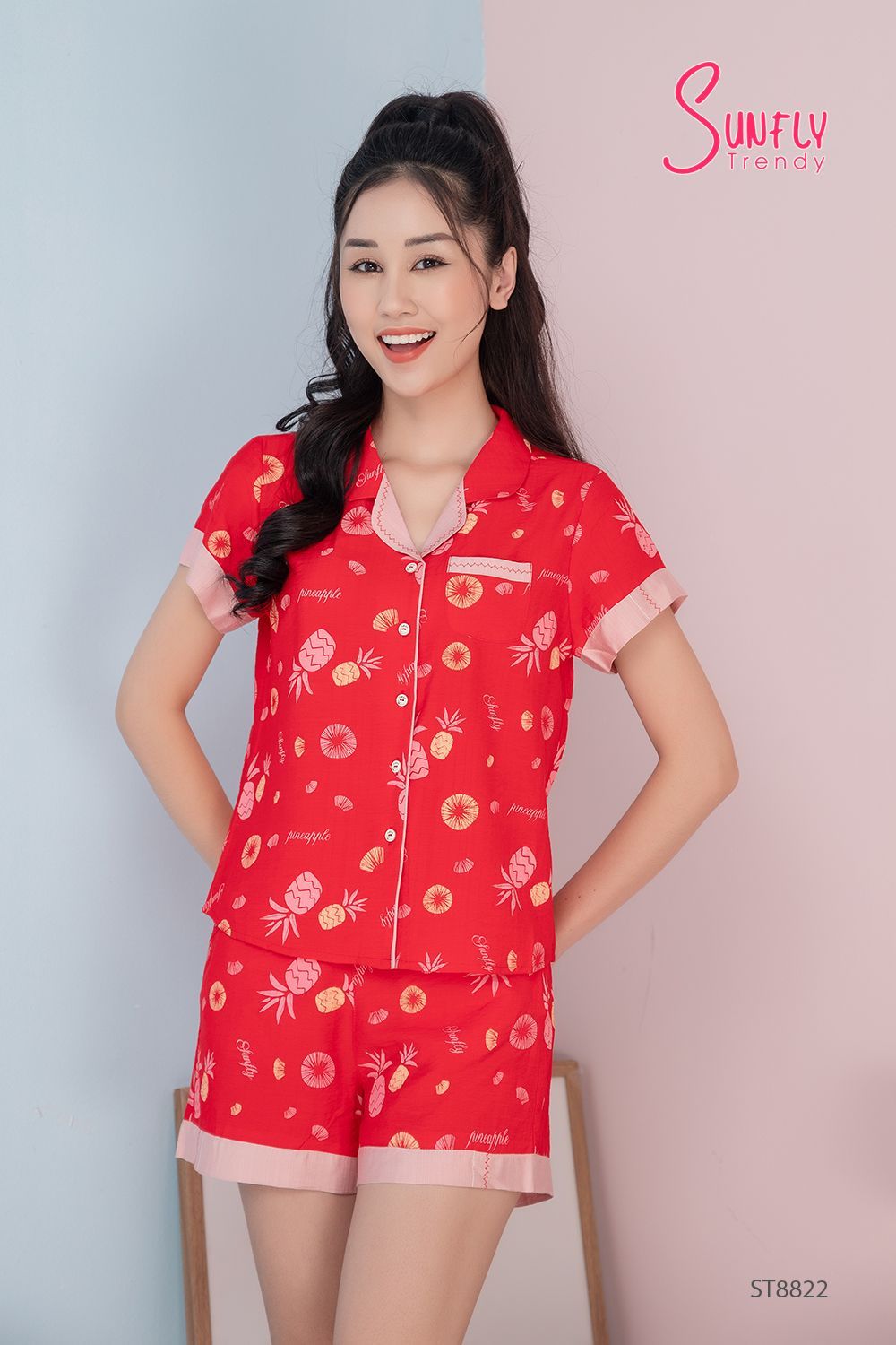 Bộ Pijamas Sunfly ST8822 vải Linen áo cộc quần đùi họa tiết dứa màu đỏ