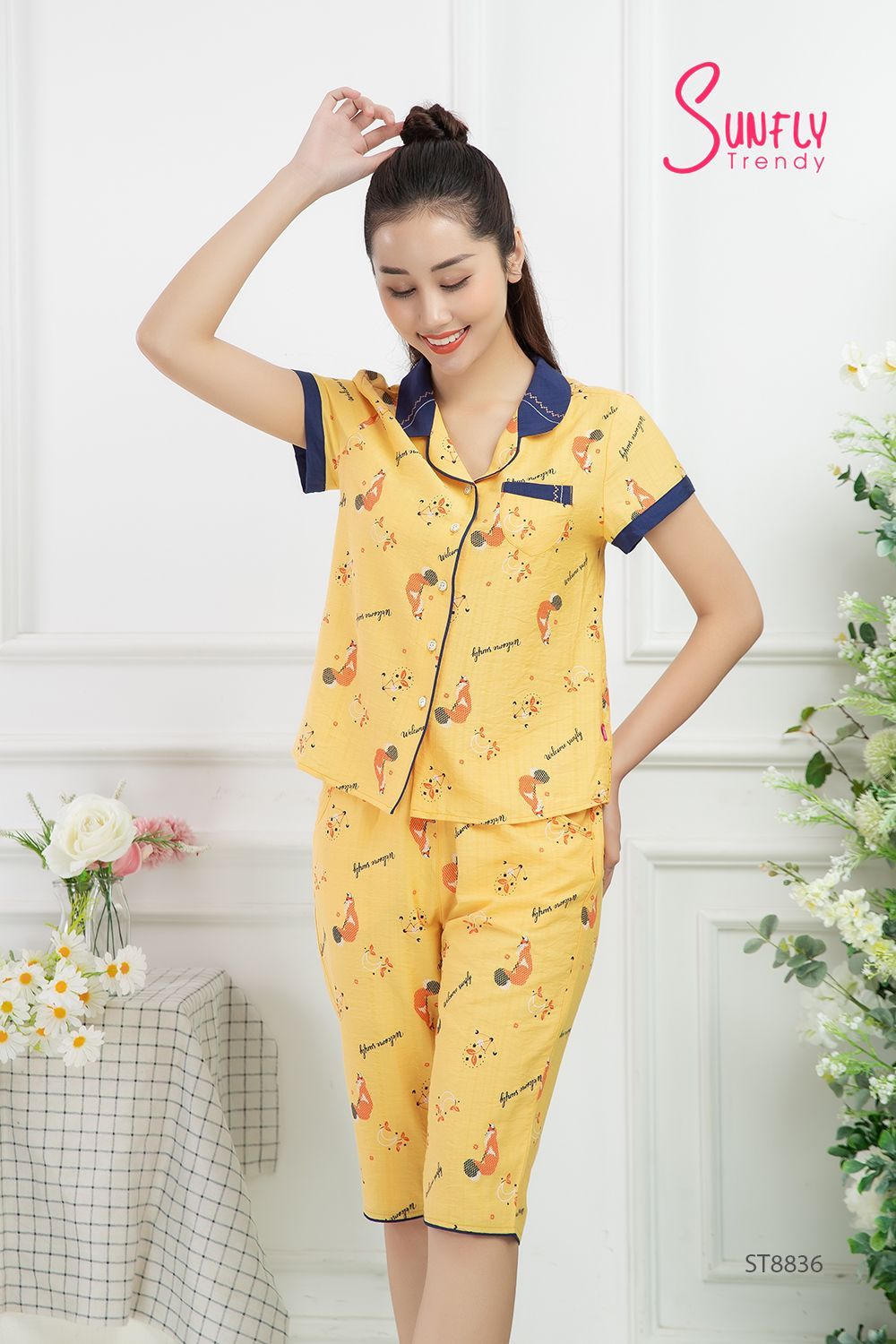 Bộ Pijamas Sunfly ST8836 vải Linen áo cộc quần ngố màu vàng