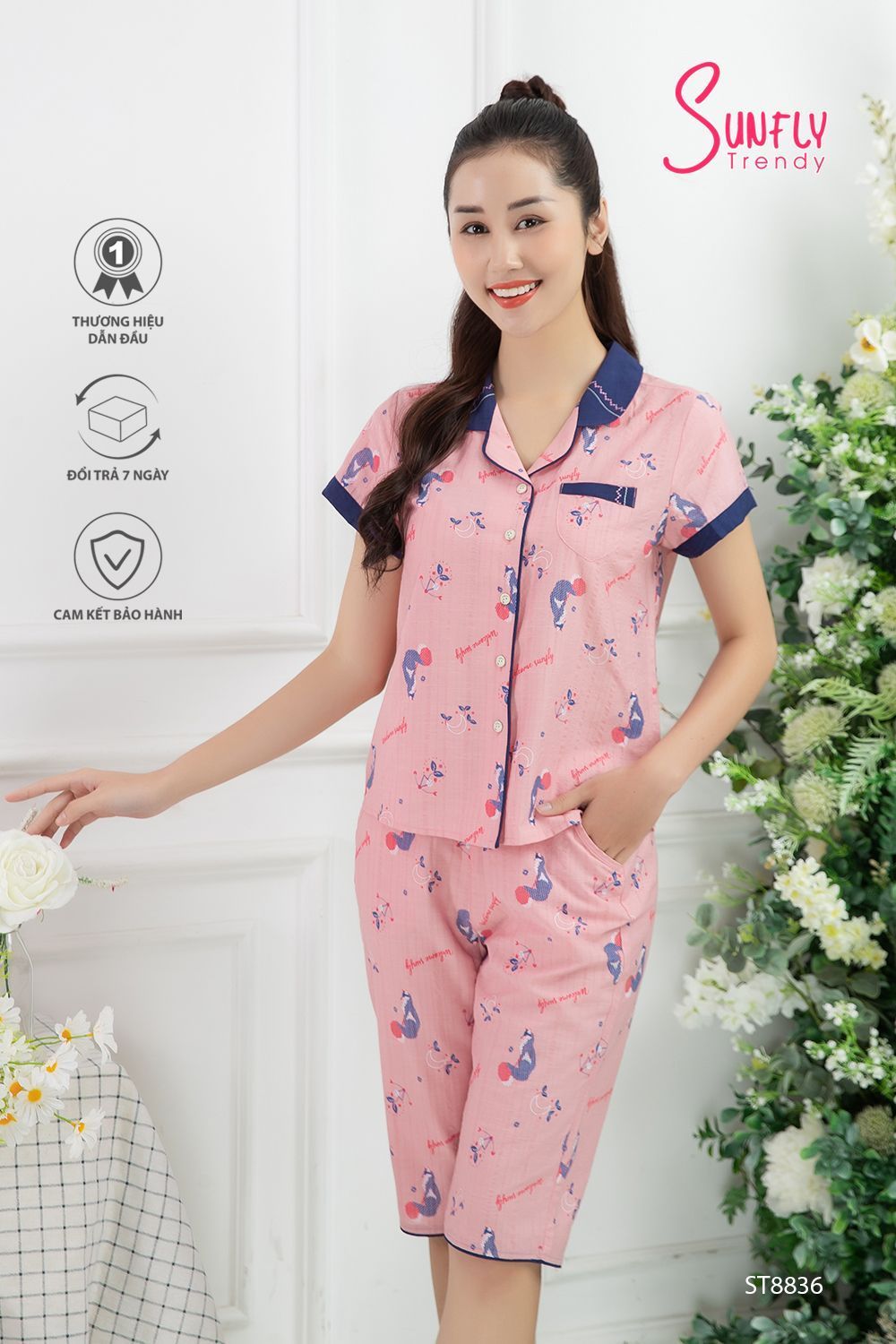 Bộ Pijamas Sunfly ST8836 vải Linen áo cộc quần ngố màu hồng