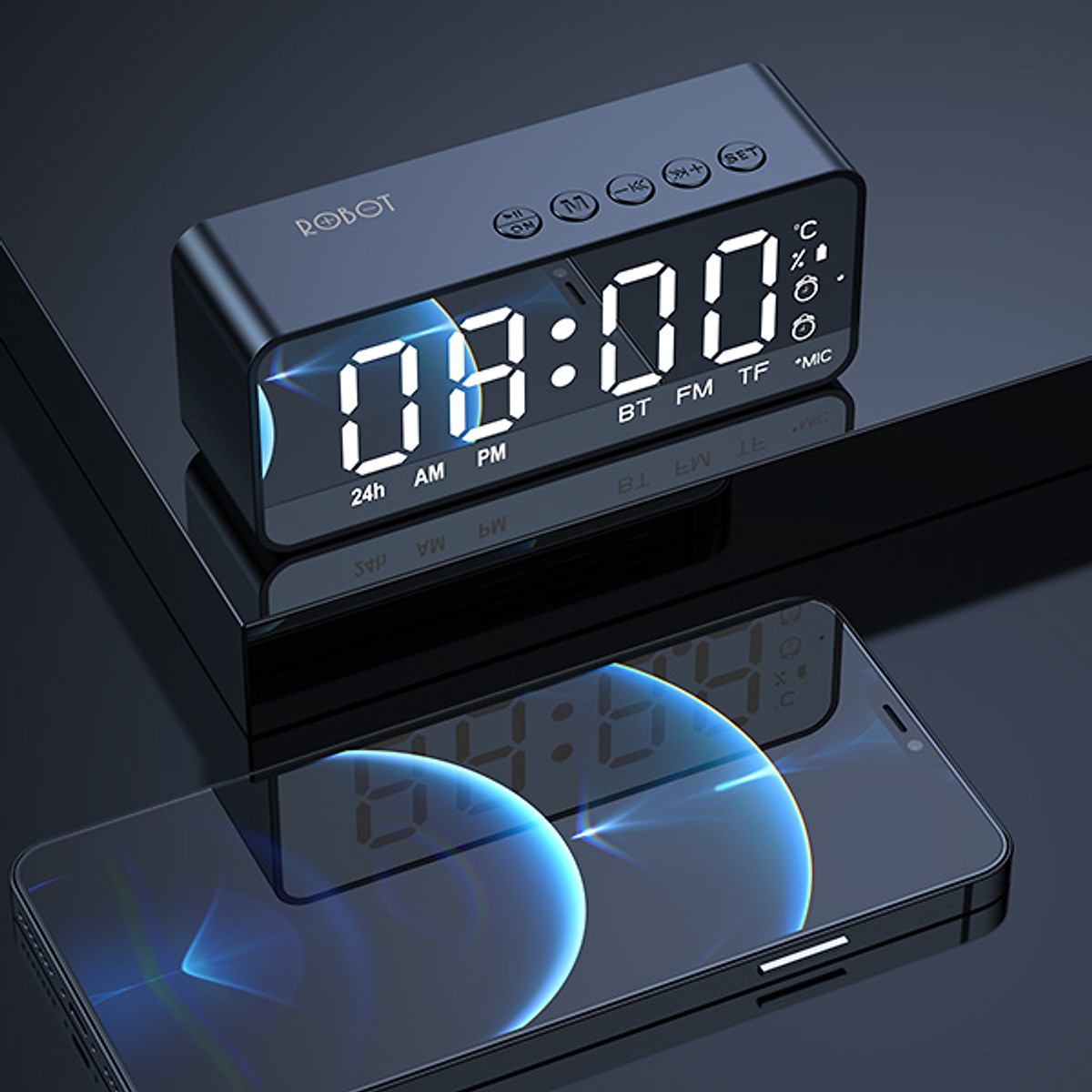 Loa Bluetooth 5.0 ROBOT RB150 kiêm đồng hồ báo thức màu đen
