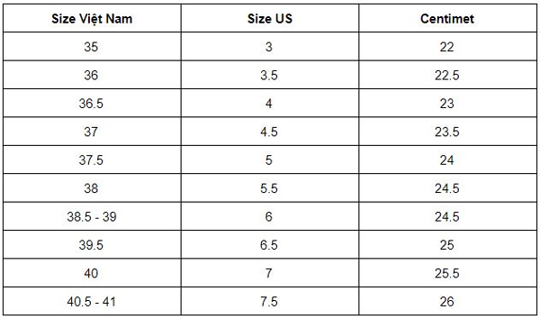 bảng size giày nam chuẩn quốc tế