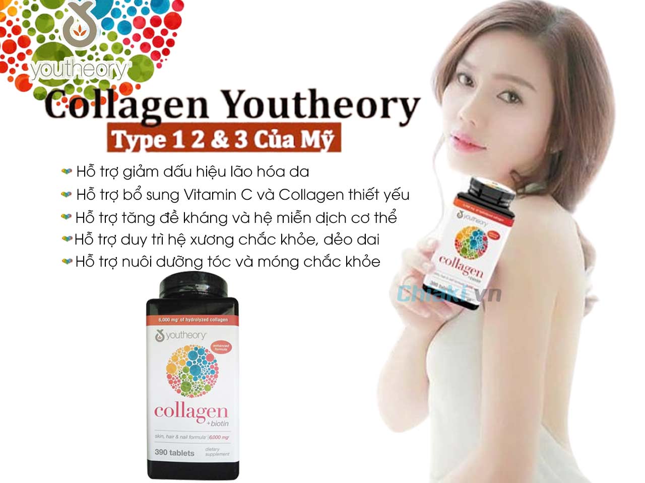 Cộng dụng Collagen + Biotin Youtheory của Mỹ 390 viên